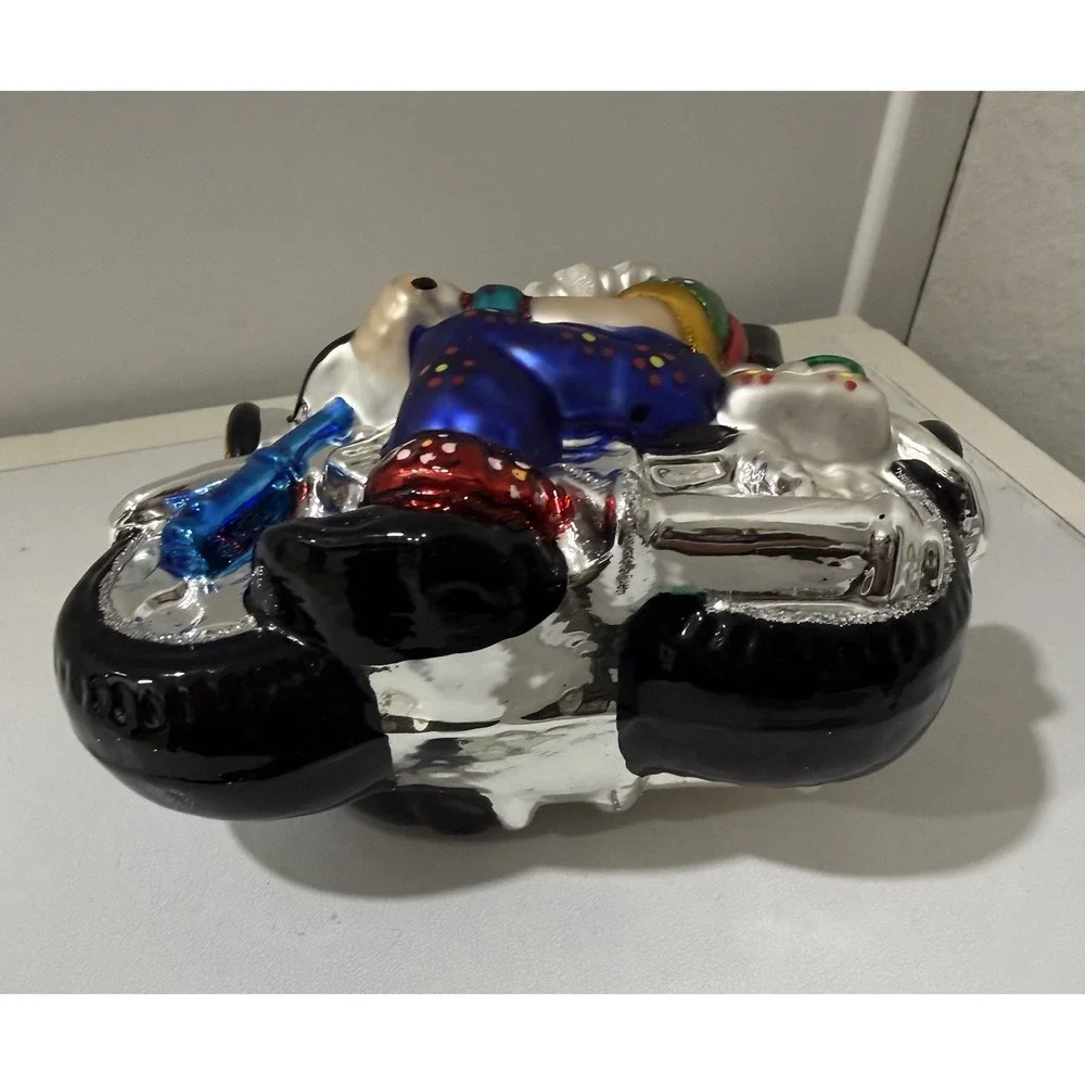 Max Glass Santa Claus Riding Motorcycle Blown Glass Christmas Ornament Poland